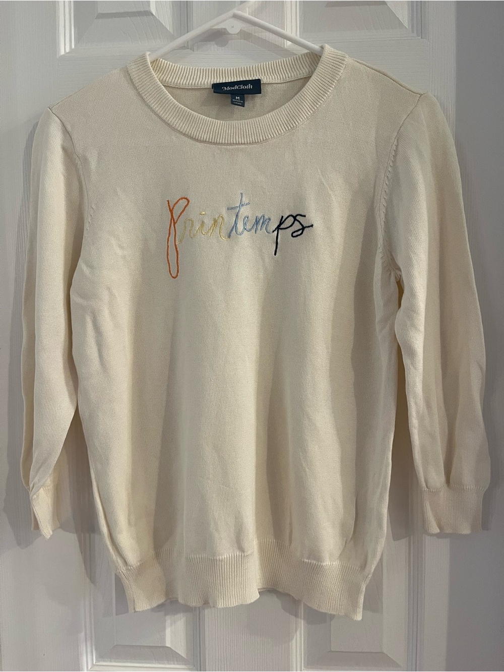 Modcloth Cream Crewneck Sweater with Multicolor 'Printemps' Embroidery